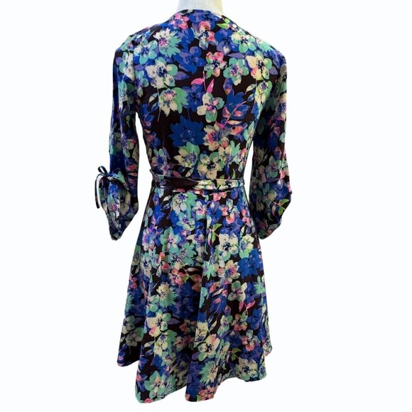 Yumi Kim 100% Silk Wrap Dress Women XS Blue Floral 3/4 Sleeve Cottagecore Garden - Picture 7 of 13
